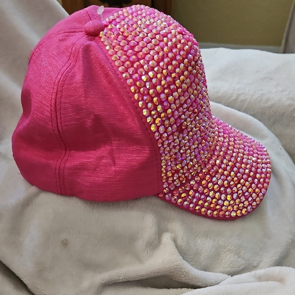 Metallic Shiny Pink & Iridescent Rhinestone Studded Cap Hat Adjustable Stap NWOT - Picture 2 of 9